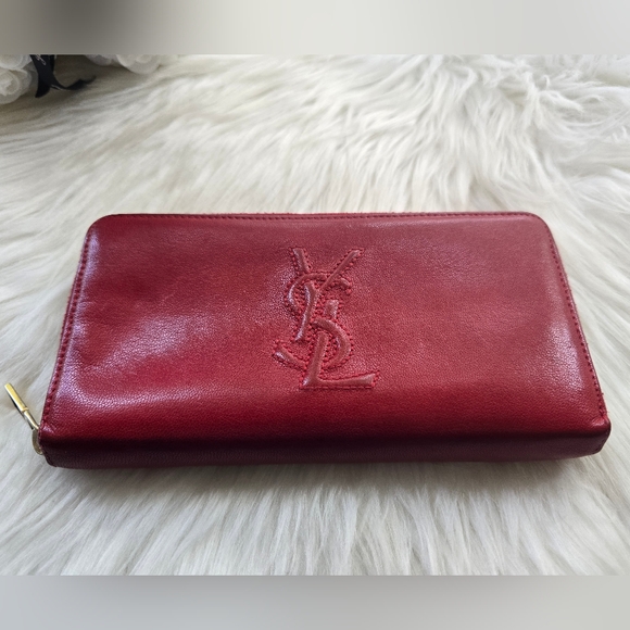 YSL Red Leather Zip-Around Signature Logo Wallet - Picture 3 of 17